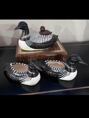 Antique Vintage Loon Figurines 3pc Hand Painted Ceramic 1988 made in Canada